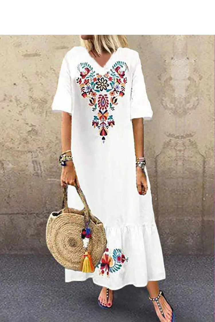 Comfortable Cotton-Linen Vintage Print Maxi Dress