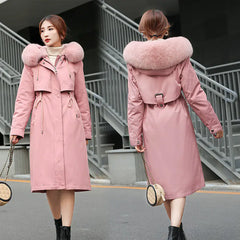 Women's Korean Style Thick Parka with Detachable Fur Collar