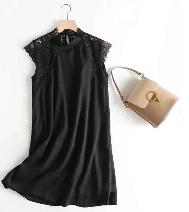 French Vintage Lace Patchwork Dress in Black