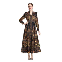 Vintage V-neck Lantern Sleeve Waist Dress