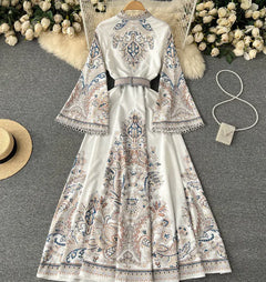 2019 Fall Vintage Print Long Sleeve Dress with Waist Tie