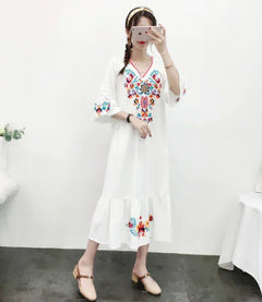 Comfortable Cotton-Linen Vintage Print Maxi Dress