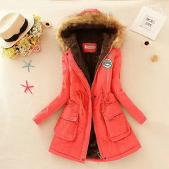 Winter Women's Long Cotton Coat with Fur Collar