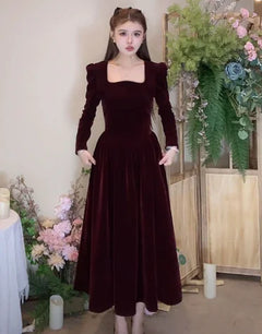 Vintage Bow Dress with French Style Square Collar