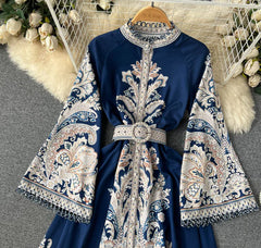 2019 Fall Vintage Print Long Sleeve Dress with Waist Tie