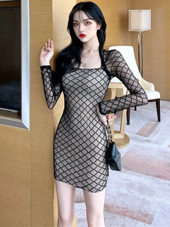 Vintage Plaid Mesh Bodycon Dress with Long Sleeves