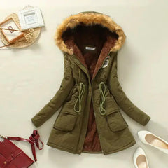 Winter Women's Long Cotton Coat with Fur Collar