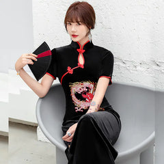 Vintage Dragon Embroidery Cheongsam Dress with Slits