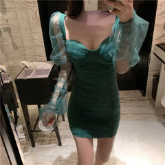 Vintage Style Low-Cut Mesh Long Sleeve Dress for Women