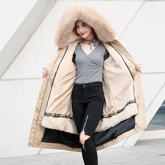 Women's Korean Style Thick Parka with Detachable Fur Collar