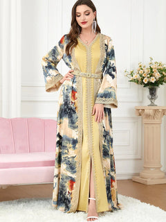 Morocco Muslim Abaya Dress 2 Piece Set with Embroidery