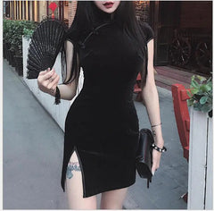 Vintage Velvet Split Hem Dress for Dark Aesthetic