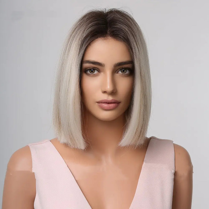 Short Straight Grey Hair Wig with Middle Part