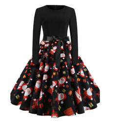New Vintage Christmas Print Long Sleeve Dress for Women