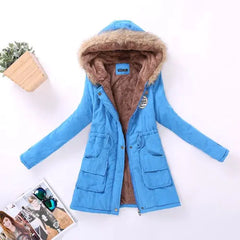 Winter Women's Long Cotton Coat with Fur Collar