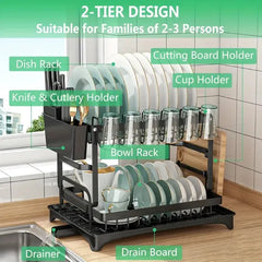 2-Tier Dish Rack with Drainboard & Utensil Holder