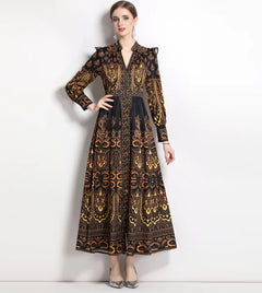 Vintage V-neck Lantern Sleeve Waist Dress