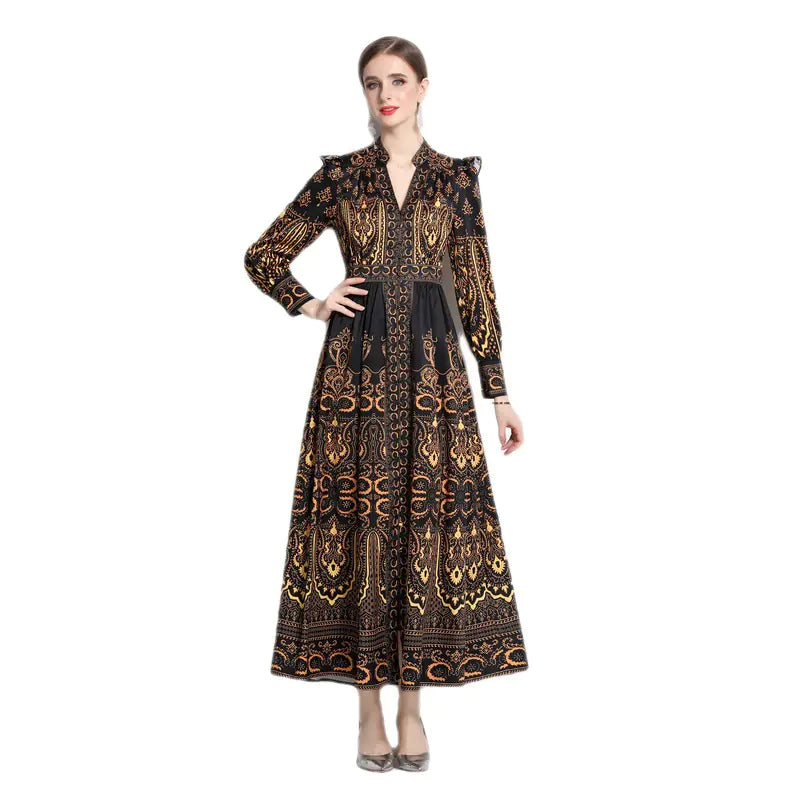 Vintage V-neck Lantern Sleeve Waist Dress