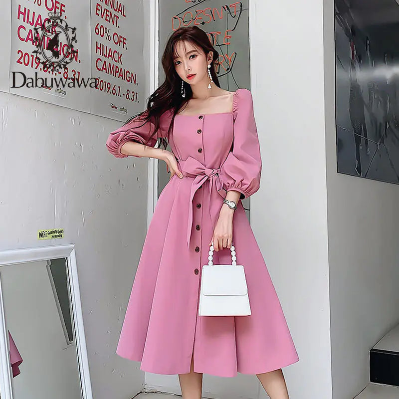 Pink Square Neck Vintage Dress