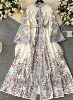 2019 Fall Vintage Print Long Sleeve Dress with Waist Tie