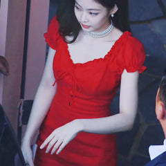 Vintage Red Dress with Ruffled Puff Sleeves