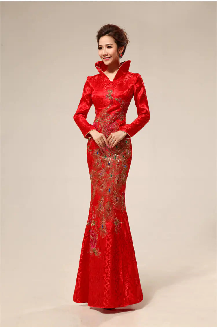 Vintage Style Long Cheongsam Wedding Dress for Brides
