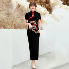 Vintage Dragon Embroidery Cheongsam Dress with Slits