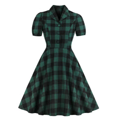 Vintage Checkered V-Neck Button Dress (Model 1779)