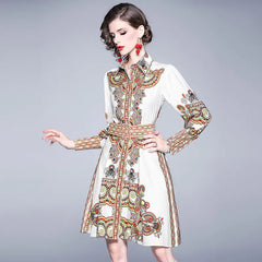 2019 Fall Vintage Print Long Sleeve Dress with Waist Tie