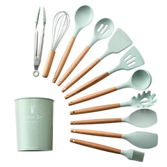 11-Piece Silicone Kitchen Utensil Set with Wooden Handle