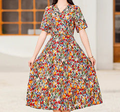 Vintage Floral V-Neck Long Dress for Autumn/Winter