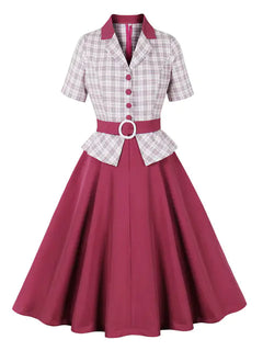 Vintage 50s Hepburn Style Women's Plaid Party Dress