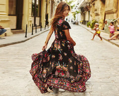 European Vintage Floral Chiffon Dress