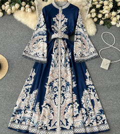2019 Fall Vintage Print Long Sleeve Dress with Waist Tie