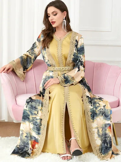 Morocco Muslim Abaya Dress 2 Piece Set with Embroidery