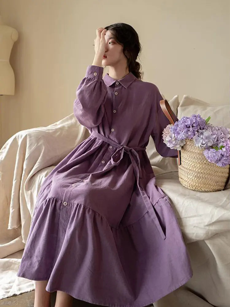 Vintage Korean Style Long Sleeve Corduroy Dress