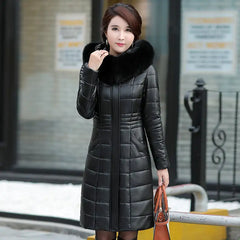 PU Leather Cotton Winter Coat for Middle-aged Women