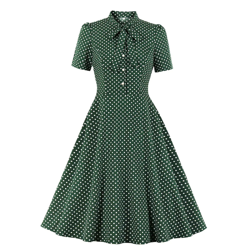 Vintage Polka Dot Short Sleeve Dress with Waist Detail