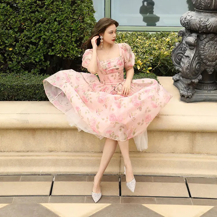 Vintage Fairy French Dress with Print Waist