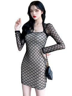 Vintage Plaid Mesh Bodycon Dress with Long Sleeves