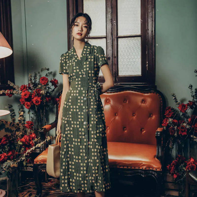 Vintage High-Waist Chiffon Dress with Side Slit