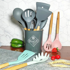 9-Piece Silicone Kitchen Utensil Set with Wood Handle
