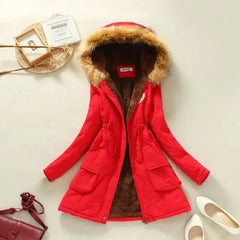 Winter Women's Long Cotton Coat with Fur Collar