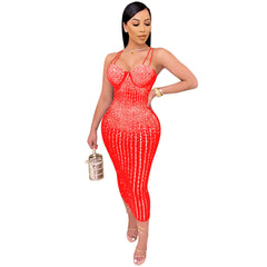 Women's See-through Rhinestone Strap Yarn Dress