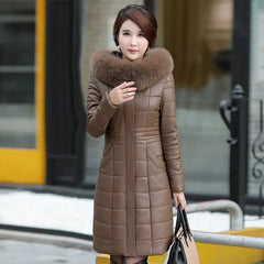 PU Leather Cotton Winter Coat for Middle-aged Women