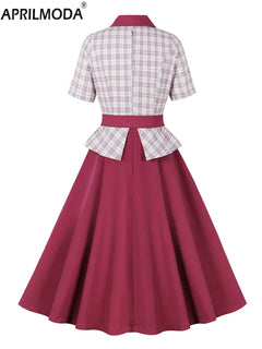 Vintage 50s Hepburn Style Women's Plaid Party Dress