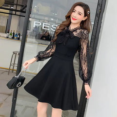 French Vintage Style Black Dress with Bow and Lace Detail
