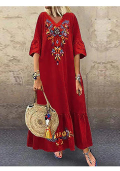 Comfortable Cotton-Linen Vintage Print Maxi Dress