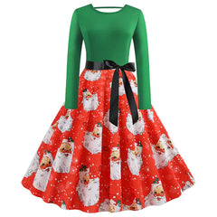 New Vintage Christmas Print Long Sleeve Dress for Women
