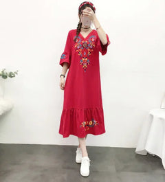 Comfortable Cotton-Linen Vintage Print Maxi Dress